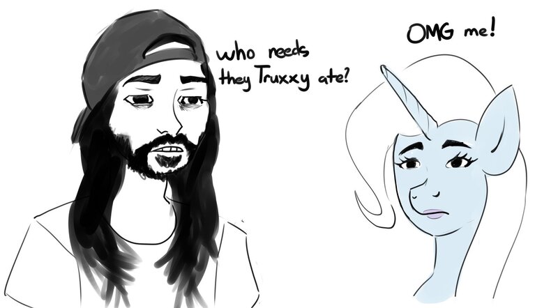 Size: 1526x843 | Tagged: safe, artist:general proton, derpibooru import, trixie, pony, unicorn, backwards ballcap, baseball cap, beard, canon x irl human, cap, cr1tikal, crack shipping, dialogue, facial hair, hat, image, jpeg, long hair, meme, ponified meme, shipping, simple background, white background