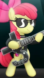 Size: 1080x1920 | Tagged: safe, artist:whitequartztheartist, derpibooru import, apple bloom, earth pony, pony, bipedal, blue oyster cult, clothes, cosplay, costume, eric bloom, female, filly, glasses, guitar, image, musical instrument, png, solo, standing on two hooves