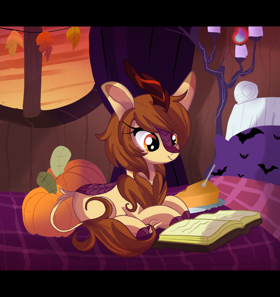 Size: 3208x3400 | Tagged: safe, artist:spookyle, derpibooru import, kirin oc, oc, oc:pumpkin spell, unofficial characters only, kirin, book, female, image, lying down, png, prone, pumpkin, pumpkin pie, solo