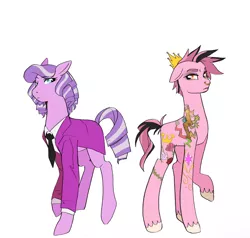 Size: 1582x1509 | Tagged: safe, artist:aztrial, derpibooru import, diamond tiara, discord, oc, oc:coronet, earth pony, clothes, crown, dyed mane, dyed tail, eyeshadow, half-siblings, half-sisters, headcanon in the description, image, jacket, jewelry, makeup, mohawk, necktie, nose piercing, nose ring, older, older diamond tiara, piercing, png, regalia, shirt, story included, suit, tattoo, twilight's cutie mark, unshorn fetlocks