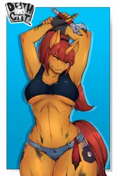 Size: 2100x3153 | Tagged: suggestive, artist:mr. deathcat, derpibooru import, oc, oc:areanu, unofficial characters only, anthro, unicorn, belly button, breasts, clothes, daisy dukes, image, midriff, one eye closed, png, ponytail, shorts, solo, underboob, wink, wrench