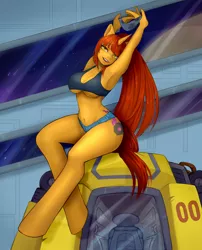 Size: 3632x4500 | Tagged: suggestive, artist:xaelthebunny, derpibooru import, oc, oc:areanu, unofficial characters only, anthro, unicorn, belly button, breasts, cleavage, clothes, daisy dukes, image, mech, png, ponytail, shorts, sweat, underboob