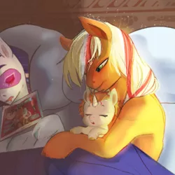 Size: 2048x2048 | Tagged: safe, artist:aztrial, derpibooru import, applejack, rarity, oc, oc:southern belle, earth pony, pony, unicorn, baby, baby pony, bed, blanket, cute, drool, family, female, foal, image, lesbian, magazine, magical lesbian spawn, majestic as fuck, morning ponies, offspring, parent:applejack, parent:rarity, parents:rarijack, png, rarijack, shipping, sleep mask, sleeping, wholesome
