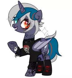 Size: 2121x2280 | Tagged: safe, alternate version, artist:idkhesoff, derpibooru import, oc, oc:elizabat stormfeather, unofficial characters only, alicorn, bat pony, bat pony alicorn, pony, alicorn oc, bat pony oc, bat wings, clothes, derpibooru exclusive, ear piercing, earring, edgy, eyebrow piercing, eyeshadow, female, fishnet clothing, grin, heterochromia, horn, image, jewelry, lip piercing, lipstick, makeup, mare, nose piercing, piercing, png, raised hoof, redesign, shirt, simple background, smiling, socks, solo, t-shirt, tattoo, white background, wings