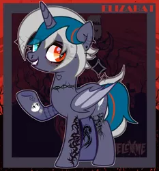 Size: 2121x2280 | Tagged: safe, alternate version, artist:idkhesoff, derpibooru import, oc, oc:elizabat stormfeather, unofficial characters only, alicorn, bat pony, bat pony alicorn, pony, alicorn oc, bat pony oc, bat wings, ear piercing, earring, edgy, eyebrow piercing, eyeshadow, female, grin, heterochromia, horn, image, jewelry, lip piercing, lipstick, makeup, mare, nose piercing, piercing, png, raised hoof, redesign, smiling, solo, tattoo, wings