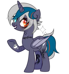 Size: 2121x2280 | Tagged: safe, alternate version, artist:idkhesoff, derpibooru import, oc, oc:elizabat stormfeather, unofficial characters only, alicorn, bat pony, bat pony alicorn, pony, alicorn oc, bat pony oc, bat wings, derpibooru exclusive, ear piercing, earring, edgy, eyebrow piercing, eyeshadow, female, grin, heterochromia, horn, image, jewelry, lip piercing, lipstick, makeup, mare, nose piercing, piercing, png, raised hoof, redesign, simple background, smiling, solo, tattoo, transparent background, wings