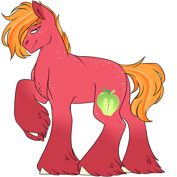 Size: 3000x3000 | Tagged: safe, artist:gingygin, derpibooru import, big macintosh, earth pony, pony, body freckles, chest fluff, freckles, image, lidded eyes, looking at you, male, png, raised hoof, simple background, smiling, smirk, solo, stallion, unshorn fetlocks, white background