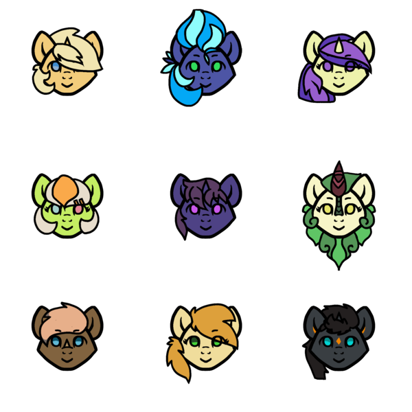 Size: 2000x2000 | Tagged: safe, artist:sorajona, derpibooru import, oc, oc:asmodia, oc:aurora, oc:hyperbolt, oc:rachel, oc:shining moonstone, oc:stormfire, oc:sunlight bolt, oc:sunnyrain, oc:tyrun, earth pony, kirin, pegasus, pony, unicorn, chibi, cute, image, kirin oc, minimalist, modern art, png, simple background, transparent background