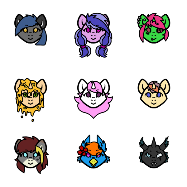 Size: 2000x2000 | Tagged: safe, artist:sorajona, derpibooru import, oc, oc:alpine sunrise, oc:blueberry shine, oc:crystal dust, oc:igni, oc:neorax, oc:sofija, oc:stuffed crust, oc:viescra, oc:virus, changeling, earth pony, gryphon, pegasus, pony, unicorn, chibi, food, griffin (character), image, pizza, png, simple background, transparent background