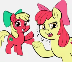 Size: 1464x1264 | Tagged: safe, artist:heretichesh, derpibooru import, apple bloom, oc, oc:abble ploom, earth pony, pony, duo, female, filly, image, jpeg, looking at you, palette swap, question mark, recolor, simple background, smiling, smiling at you, waving