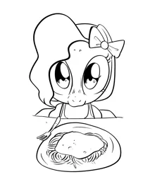 Size: 1840x2000 | Tagged: safe, artist:swagstapiece, derpibooru import, earth pony, pony, bow, female, filly, food, hair bow, image, looking at you, pasta, png, spaghetti