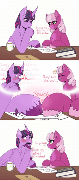 Size: 2194x4971 | Tagged: safe, artist:hahyh, derpibooru import, cheerilee, twilight sparkle, twilight sparkle (alicorn), alicorn, earth pony, pony, book, cheerilight, coffee mug, comic, dialogue, female, hoof touching, image, lesbian, mare, mug, png, shipping, unshorn fetlocks