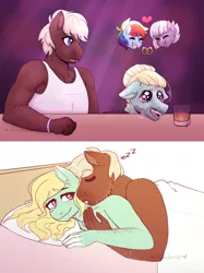 Size: 2234x2991 | Tagged: safe, artist:hahyh, derpibooru import, dumbbell, limestone pie, rainbow dash, zephyr breeze, anthro, pegasus, alcohol, bed, crying, cuddling, female, gay, heartbreak, image, implied lesbian, implied limedash, implied shipping, lesbian, limedash, loose hair, male, onomatopoeia, png, shipping, sound effects, spooning, zzz