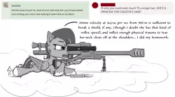 Size: 2000x1110 | Tagged: semi-grimdark, artist:chopsticks, derpibooru import, oc, oc:cookie cutter, unofficial characters only, pegasus, pony, 20mm rifle, anti-materiel rifle, ask, ask cookie cutter, assassination, cheek fluff, chest fluff, cloud, dialogue, ear fluff, female, filly, gun, image, implied twilight sparkle, lying down, monochrome, png, rifle, sniper, solo, text, unshorn fetlocks, weapon, wing hands, wings