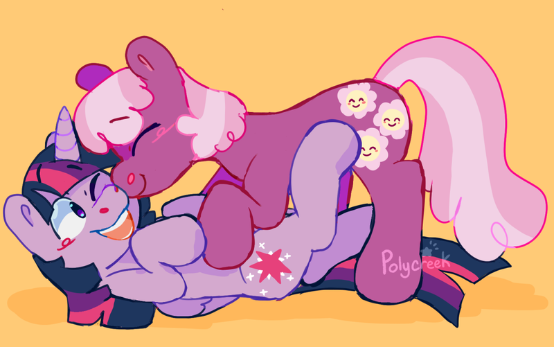 Size: 1280x802 | Tagged: safe, artist:polycreek, derpibooru import, cheerilee, twilight sparkle, twilight sparkle (alicorn), alicorn, earth pony, pony, blushing, cheerilight, female, image, lesbian, mare, nuzzling, pinned, png, shipping, simple background, yellow background