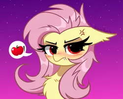 Size: 4006x3239 | Tagged: safe, artist:kittyrosie, derpibooru import, fluttershy, bat pony, pony, angry, apple, bat ponified, blushing, cute, digital art, fangs, female, flutterbat, food, image, madorable, mare, night, png, race swap, solo, thought bubble