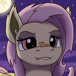 Size: 1000x1000 | Tagged: safe, artist:tsitra360, derpibooru import, applejack, fluttershy, bat pony, earth pony, pegasus, pony, animated, appletini, bat ponified, commission, cowboy hat, duo, fangs, female, flutterbat, full moon, gif, hat, image, looking at something, micro, moon, night, night sky, ponies balancing stuff on their nose, race swap, size difference, sky, smiling, starry night, stars, stetson, toothy grin, toss