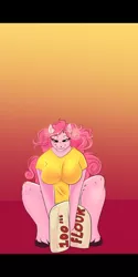 Size: 1080x2160 | Tagged: safe, artist:unfinishedheckery, derpibooru import, pinkie pie, anthro, earth pony, unguligrade anthro, breasts, busty pinkie pie, clothes, digital art, female, flour, flour sack, image, jpeg, lifting, looking at you, shirt, shorts, smiling, smiling at you, solo, solo female, tail, thighs, wide hips