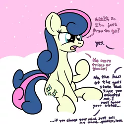 Size: 2000x2000 | Tagged: safe, artist:dafiltafish, derpibooru import, bon bon, sweetie drops, oc, oc:hedone, earth pony, pony, comic:day by day, confused, dialogue, image, out of frame, png, text