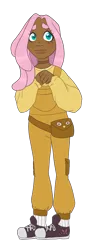 Size: 376x959 | Tagged: safe, artist:pastelopal, derpibooru import, fluttershy, human, bag, choker, clothes, converse, cute, dark skin, fanny pack, female, humanized, image, overalls, png, shoes, shyabetes, simple background, socks, solo, sweater, sweatershy, transparent background