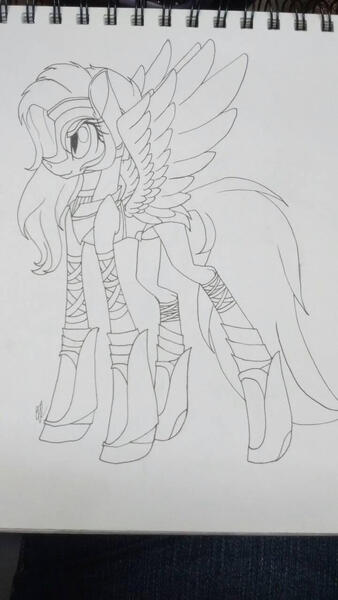 Size: 720x1280 | Tagged: safe, artist:donnie-moon, derpibooru import, oc, unofficial characters only, pegasus, pony, eyelashes, female, helmet, image, jpeg, lineart, mare, pegasus oc, solo, traditional art, wings