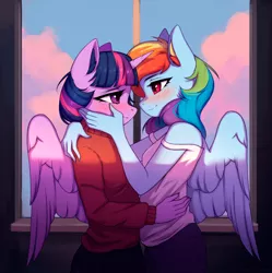 Size: 1494x1500 | Tagged: safe, artist:kaito_wivil, artist:mrscroup, derpibooru import, rainbow dash, twilight sparkle, twilight sparkle (alicorn), alicorn, anthro, pegasus, adorasexy, arm on shoulder, blushing, clothes, cloud, cute, dashabetes, eye contact, eyelashes, female, hand on cheek, hand on hip, holding head, hug, image, imminent kissing, lesbian, lidded eyes, long nails, looking at each other, off shoulder, png, sexy, shipping, sky, sky background, smiling, sweater, turtleneck, twiabetes, twidash, window