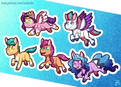 Size: 1400x1000 | Tagged: safe, artist:inuhoshi-to-darkpen, derpibooru import, hitch trailblazer, izzy moonbow, pipp petals, sunny starscout, zipp storm, earth pony, pegasus, pony, unicorn, cheek fluff, chest fluff, chibi, g5, hoof fluff, image, mane five (g5), open mouth, png