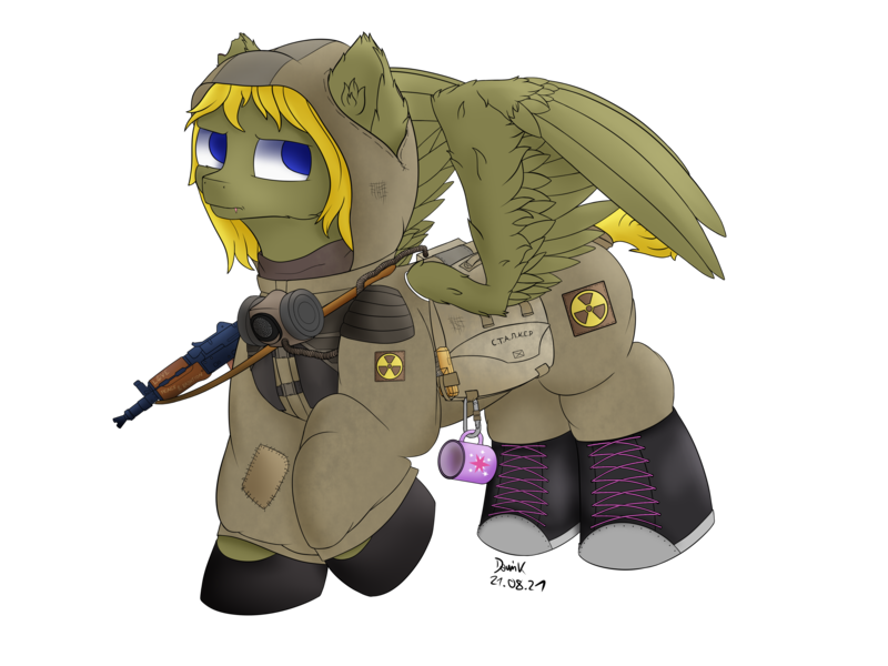 Size: 4000x3000 | Tagged: safe, artist:donnik, derpibooru import, oc, oc:donnik, pegasus, pony, ak-47, aks-74u, assault rifle, clothes, gun, image, png, rifle, scar, solo, spread wings, stalker, weapon, wings