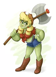 Size: 1024x1414 | Tagged: safe, artist:luximus17, derpibooru import, applejack, human, orc, applejack's hat, axe, barbarian, boots, clothes, cowboy hat, daisy dukes, dungeons and dragons, female, freckles, front knot midriff, half-orc, hat, humanized, image, jpeg, midriff, nose piercing, nose ring, orcified, pen and paper rpg, piercing, rpg, shoes, shorts, simple background, solo, weapon, white background