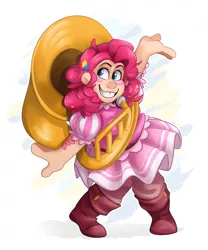 Size: 1024x1228 | Tagged: safe, artist:luximus17, derpibooru import, pinkie pie, dwarf, human, bard, bard pie, boots, clothes, dress, dwarfified, fantasy class, female, humanized, image, jpeg, musical instrument, shoes, simple background, solo, tuba, tumblr nose, white background