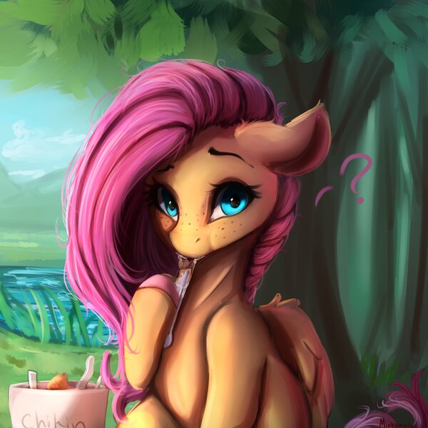 Size: 4000x4000 | Tagged: safe, artist:miokomata, derpibooru import, fluttershy, pegasus, pony, cute, eating, female, food, freckles, hoof hold, image, jpeg, looking at you, mare, meat, ponies eating meat, shyabetes, solo