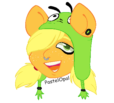 Size: 392x357 | Tagged: safe, artist:pastelopal, derpibooru import, applejack, earth pony, pony, alternate hairstyle, bust, ear piercing, earring, female, freckles, gir, hair over one eye, hat, image, invader zim, jewelry, mare, nose piercing, nose ring, open mouth, piercing, png, scene kid, simple background, solo, transparent background