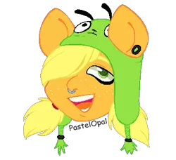 Size: 392x357 | Tagged: safe, artist:pastelopal, derpibooru import, applejack, earth pony, pony, alternate hairstyle, bust, ear piercing, earring, female, freckles, gir, hair over one eye, hat, image, invader zim, jewelry, mare, nose piercing, nose ring, open mouth, piercing, png, scene kid, simple background, solo, transparent background