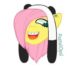 Size: 392x357 | Tagged: safe, artist:pastelopal, derpibooru import, fluttershy, pegasus, pony, alternate hairstyle, braces, bust, ear piercing, earring, female, hair over one eye, hat, image, jewelry, mare, open mouth, piercing, png, scene kid, simple background, solo, transparent background