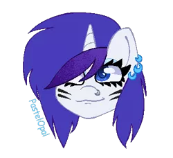 Size: 392x357 | Tagged: safe, artist:pastelopal, derpibooru import, rarity, pony, unicorn, alternate hairstyle, bust, ear piercing, earring, eyeshadow, face paint, female, image, jewelry, makeup, mare, nose piercing, piercing, png, scene kid, simple background, solo, transparent background