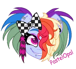 Size: 392x357 | Tagged: safe, artist:pastelopal, derpibooru import, rainbow dash, pegasus, pony, alternate hairstyle, bow, bust, ear piercing, earring, eyeshadow, female, grin, hair bow, hair over one eye, image, jewelry, makeup, mare, piercing, png, scene kid, simple background, smiling, snake bites, solo, transparent background