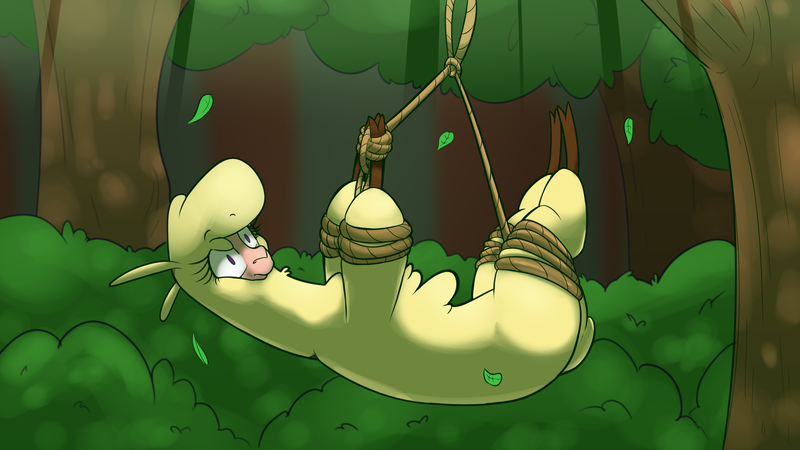 Size: 2578x1450 | Tagged: safe, artist:hitsuji, derpibooru import, alpaca, them's fightin' herds, bondage, community related, forest, hogtied, image, paprika (tfh), png, rope, rope bondage, shocked, solo, suspended, suspension bondage, tied, tree