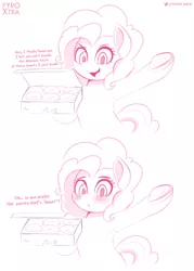 Size: 1500x2100 | Tagged: suggestive, artist:pyropk, derpibooru import, pinkie pie, pony, blushing, dialogue, donut, food, image, jpeg, looking at you, underhoof