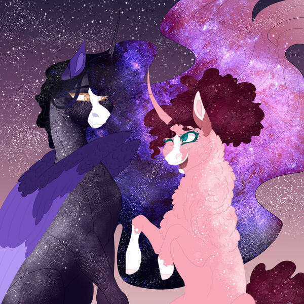 Size: 1280x1280 | Tagged: safe, artist:inisealga, derpibooru import, pinkie pie, twilight sparkle, twilight sparkle (alicorn), alicorn, unicorn, ethereal mane, female, galaxy mane, image, jpeg, lesbian, markings, shipping, twinkie