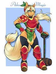 Size: 1800x2400 | Tagged: safe, artist:ambris, derpibooru import, applejack, anthro, earth pony, unguligrade anthro, adventuring is magic, applejacked, colored pupils, dungeons and dragons, fantasy class, female, freckles, hammer, image, jpeg, knight, looking at you, multiple variants, muscles, paladin, pen and paper rpg, redraw, rpg, smiling, solo, war hammer, warrior, weapon