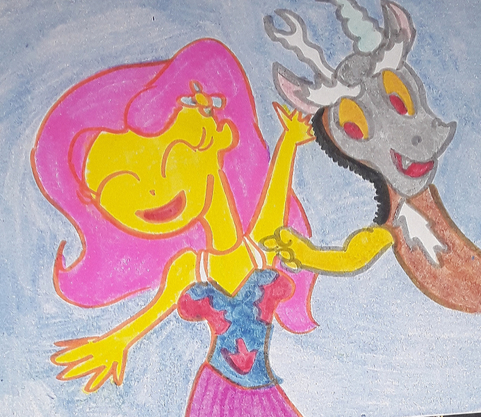 Size: 1280x1110 | Tagged: safe, artist:dex stewart, derpibooru import, discord, fluttershy, human, pegasus, pony, equestria girls, image, jpeg, tickling, traditional art