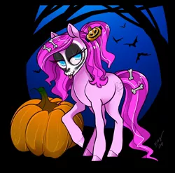 Size: 1979x1958 | Tagged: safe, artist:opalacorn, derpibooru import, oc, oc:violet ray, unofficial characters only, bat, earth pony, pony, bedroom eyes, bone, commission, cutie mark, eyeshadow, forest, hairclip, image, jpeg, makeup, night, pumpkin, tongue out, tree