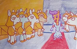 Size: 1280x825 | Tagged: safe, artist:dex stewart, derpibooru import, scootaloo, anthro, earth pony, pegasus, pony, unicorn, clothes, dress, guard, image, jpeg, traditional art