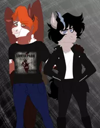 Size: 1280x1632 | Tagged: safe, artist:inisealga, derpibooru import, oc, oc:figment, oc:mocha frost, unofficial characters only, anthro, draconequus, clothes, female, image, jacket, jeans, jpeg, leather jacket, linkin park, male, markings, pants