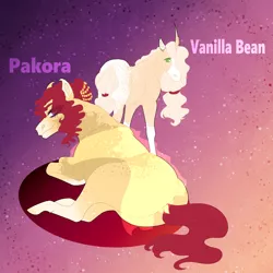 Size: 1280x1280 | Tagged: safe, artist:inisealga, derpibooru import, oc, oc:pakora, oc:vanilla bean, unofficial characters only, earth pony, unicorn, abstract background, duo, image, jpeg, magical lesbian spawn, markings, next generation, nextgen:inisverse, offspring, parent:applejack, parent:saffron masala, parents:applemasala