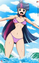Size: 2549x4093 | Tagged: suggestive, artist:ryured, derpibooru import, twilight sparkle, human, belly button, bikini, breasts, clothes, cloud, female, humanized, image, jpeg, ocean, open mouth, sky, solo, solo female, swimsuit, water