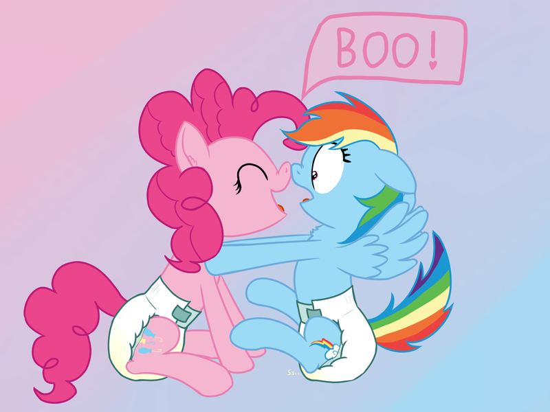 Size: 2000x1500 | Tagged: questionable, artist:craftycirclepony, derpibooru import, pinkie pie, rainbow dash, earth pony, pegasus, pony, accident, boo, boop, chest fluff, cute, diaper, diaper fetish, duo, duo female, ear fluff, eyes closed, female, fetish, floppy ears, gradient background, image, mare, noseboop, onomatopoeia, open mouth, open smile, pissing, png, poofy diaper, pushing away, raised leg, scared, scaredy dash, scrunchy face, shrunken pupils, sitting, smiling, spread wings, urine, wet diaper, wings