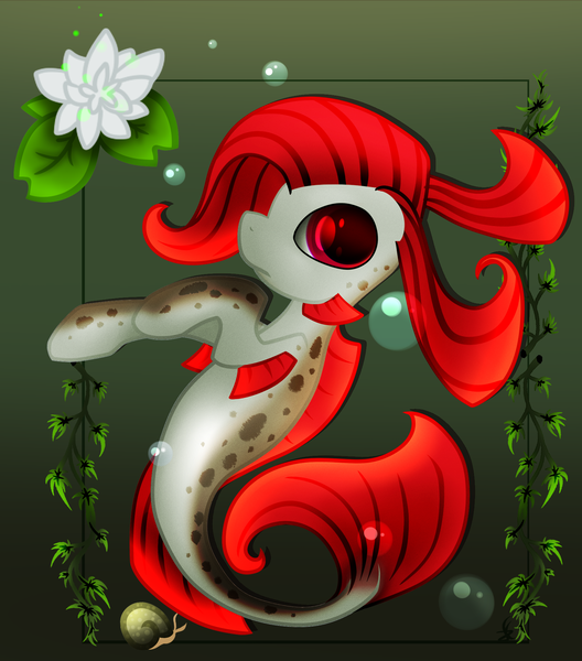 Size: 1642x1867 | Tagged: safe, artist:zmei-kira, derpibooru import, oc, unofficial characters only, merpony, seapony (g4), bubble, dorsal fin, fins, fish tail, flower, flowing mane, flowing tail, green background, image, looking at you, png, red eyes, red mane, seaweed, simple background, solo, tail