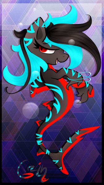 Size: 1236x2201 | Tagged: safe, artist:zmei-kira, derpibooru import, oc, unofficial characters only, hybrid, merpony, original species, seapony (g4), shark, shark pony, bubble, dorsal fin, eyelashes, fangs, fish tail, image, lidded eyes, open mouth, png, red eyes, signature, smiling, solo, tail, teeth, unshorn fetlocks