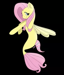 Size: 1084x1280 | Tagged: safe, artist:roxtar173, derpibooru import, fluttershy, pegasus, pony, seapony (g4), black background, digital art, dorsal fin, eyelashes, female, fin wings, fish tail, flowing tail, green eyes, image, jpeg, pink mane, seaponified, seapony fluttershy, signature, simple background, smiling, solo, species swap, tail, wings